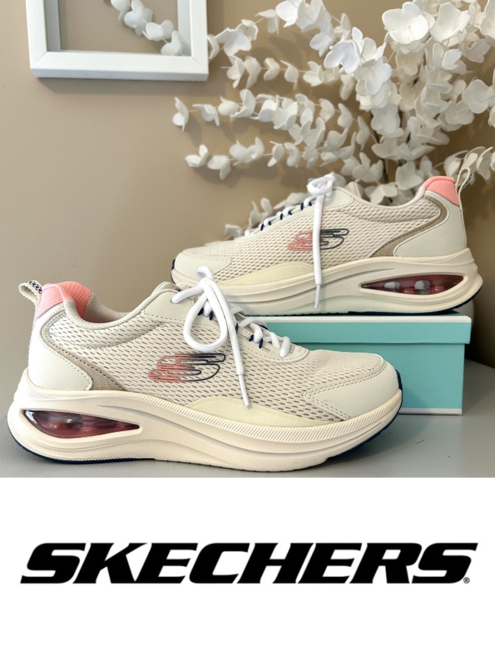 Like New Skechers Skech-Air Meta Sneakers Cream/Navy/Coral Size 8